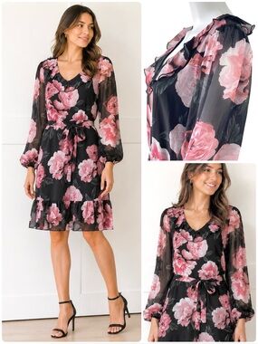 JOIE by Anthropologie Chiffon Shift Floral Dress Ruffled V-Neck Long Sleeve